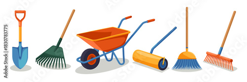 Collection of gardening and cleaning tools on a black background