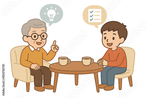 Intergenerational discussion between two men sharing ideas and planning tasks at a small table