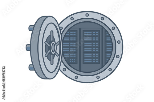 Open bank vault door revealing rows of data server racks symbolizing digital security