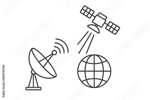 Global satellite communication network with Earth globe and ground antenna dish