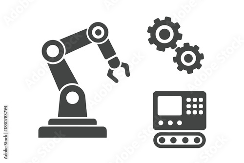 Industrial automation icons set featuring robotic arm, conveyor belt, and interlocking gears