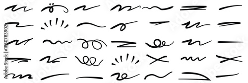 Colorful marker and brush stroke set, hand drawn underline and squiggle lines, artistic doodle elements for creative graphic design