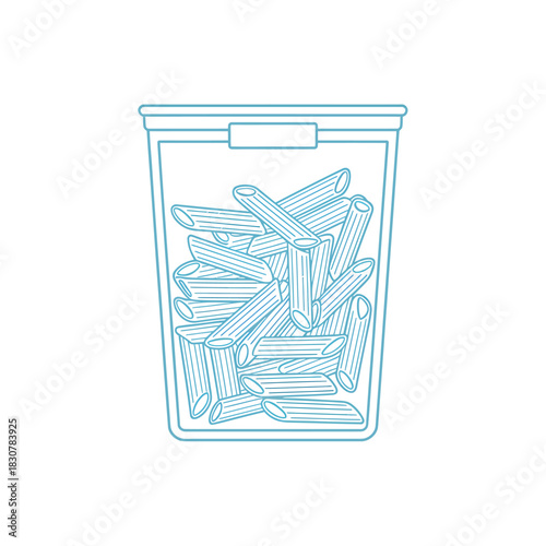 Stylized penne pasta in container with neon blue outline on black background