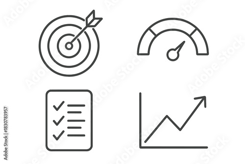 Essential icons for business strategy, performance measurement, and goal setting