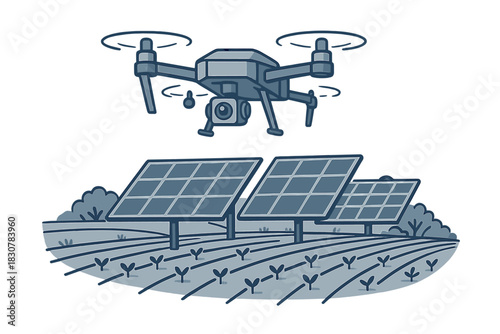 Agricultural drone flying over solar panels and young crops in a modern smart farm setting