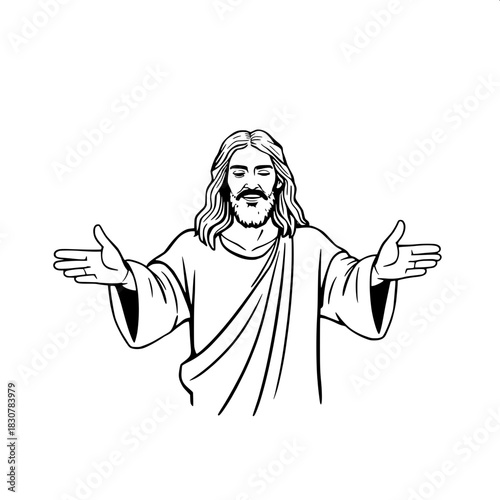 Stylized line art depicting Jesus Christ centered with open arms, surrounded by a radiant glowing halo and dynamic energetic rays that emanate from his body, set against a simple and minimalistic back