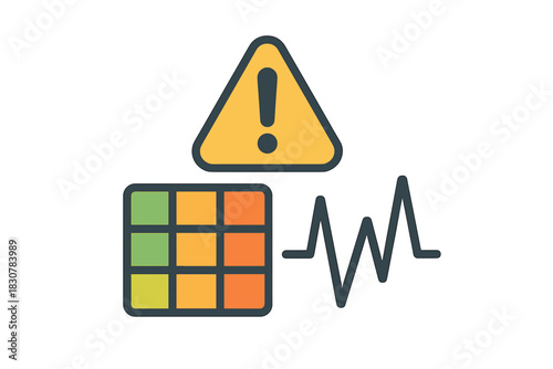 Warning sign with risk matrix and fluctuating data line for security and analysis