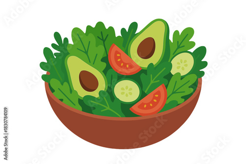 Vibrant bowl of fresh garden salad featuring avocado, tomato, and cucumber slices