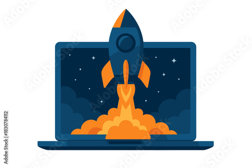Space rocket taking off from a modern laptop display screen against a starry night sky