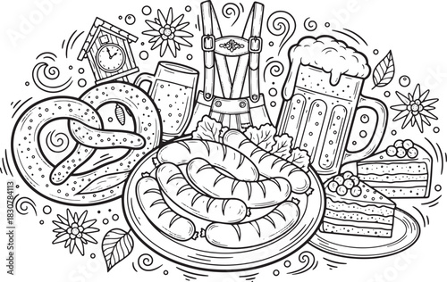 Oktoberfest celebration with traditional food and drink black and white illustration