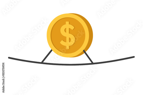 Golden dollar coin balancing on a thin curved line symbolizing financial risk and instability