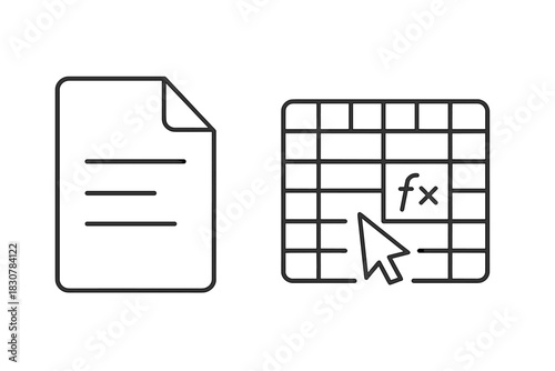 Document and spreadsheet grid with function symbol and mouse cursor selecting cell