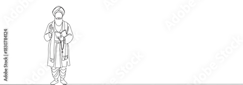 Continuous one thin smooth line simple minimalistic drawing of Guru Nanak Dev Ji on a white background