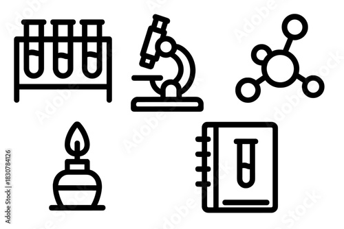 Laboratory equipment and scientific research tools including microscope, test tubes, and molecule model