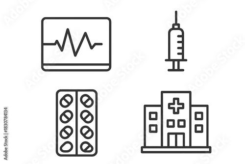 Medical care outline symbols set featuring hospital, syringe, pills, and heart monitor display