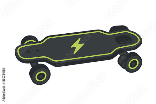 Sleek black and neon green motorized skateboard for urban commuting and recreation