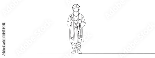 Continuous one thin smooth line simple minimalistic drawing of Guru Nanak Dev Ji on a white background