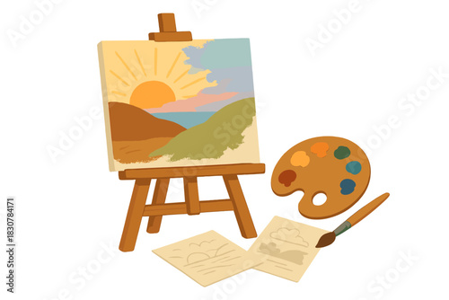 Painting equipment setup with a landscape canvas on an easel, artist palette, brush, and paper studies