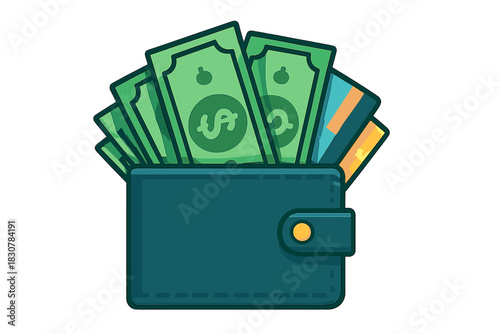 Dark teal wallet overflowing with green currency banknotes and colorful payment cards