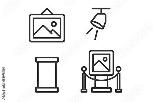 Museum and art gallery exhibition elements including framed artwork, spotlight, pedestal, and stanchion ropes