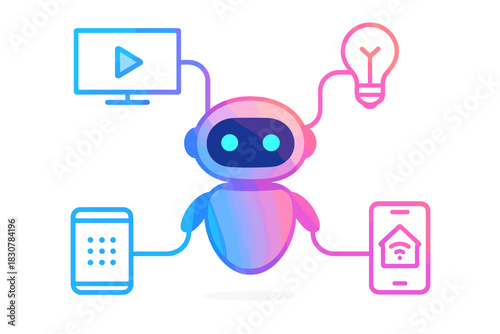 Cute robot character managing smart home devices and interconnected technology