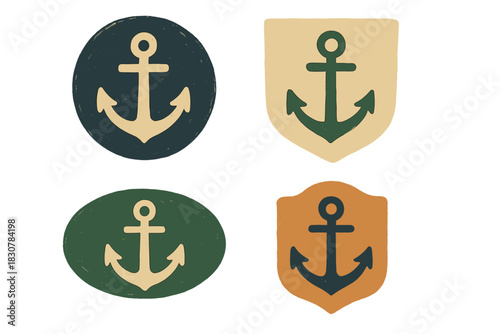 Four vintage nautical anchor badges with distressed texture and muted colors