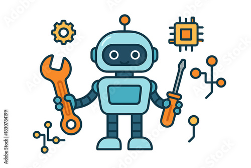 Cute blue robot character holding repair tools like a wrench and screwdriver surrounded by technology icons