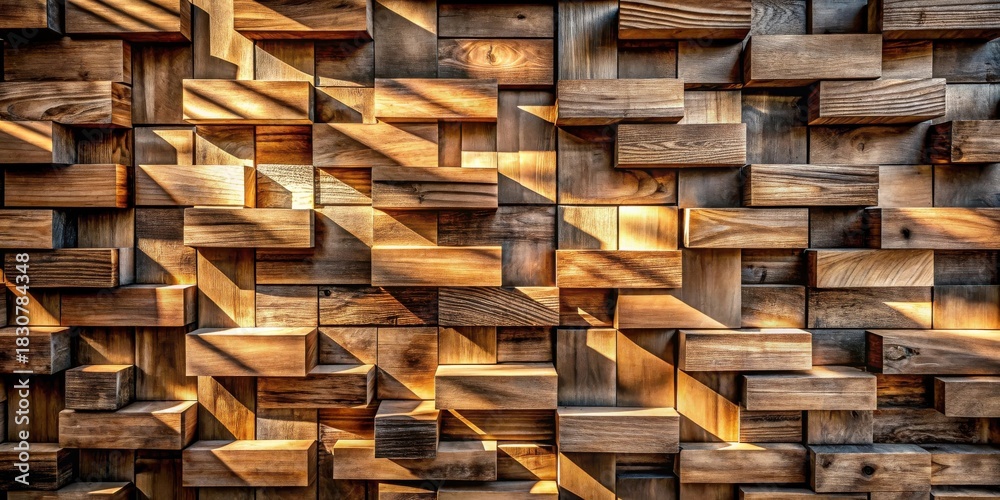 Fototapeta premium Illuminated Wooden Block Wall Texture An Abstract Composition of Recessed and Protruding Timber Pieces in Warm Golden Hues