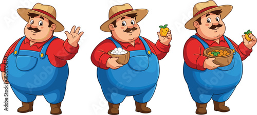 Set of Cheerful Farmer Cartoon Character Vector Illustrations, Wearing Overalls and Hat, Holding Fresh Produce and Waving Hand, Representing Agriculture and Farming.