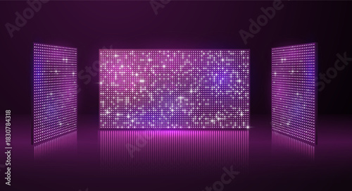 Purple led light screen concert or show background, board wall stage with three monitors glow round dotted TV display