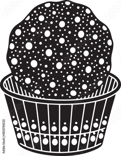 Monochrome cupcake illustration with polka dots in a decorative basket