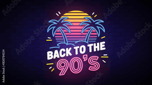 Neon back to the 90s retro design with palm trees and sunset