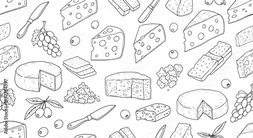Seamless Cheese Pattern with Grapes Crackers and Olives Illustration Art