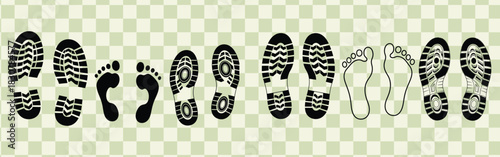 Footprints and shoe prints in black on a checkered background showing different types of foot impressions