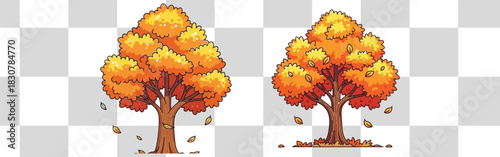 Two cartoon autumn trees with orange and yellow leaves stand against a checkered background design