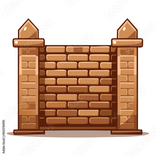 Cartoon Brown Brick Wall with Columns and Decorative Tops, Fortress Elements