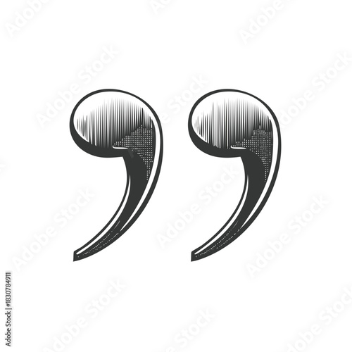 Retro stylized quotation marks graphic illustration with line art hatching and dot shading