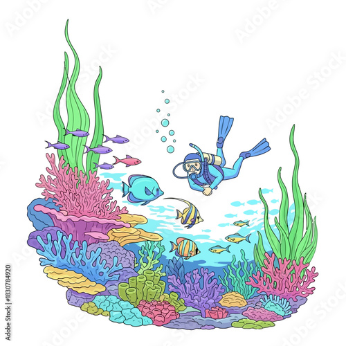 An adventurous scuba diver explores a vibrant underwater world, swimming through a colorful coral reef teeming with tropical fish