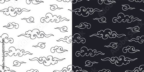 Vector black and white seamless pattern of chinese clouds. Hand drawn outline curl or swirl in Chinese ink painting style. Monochrome print, Lunar New Year ornament or oriental traditional design.