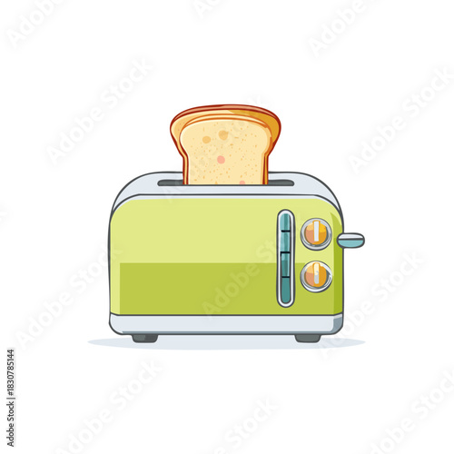 Green toaster with slice of bread inside and toasting controls on the side