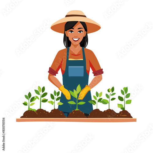 Smiling woman gardening with hat and apron planting green seedlings in dirt