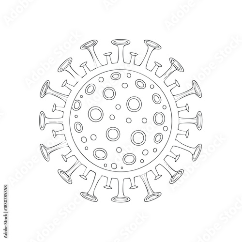 Detailed Outline of Coronavirus Showing Structure and Surface Proteins, Pandemic Viral Infection Concept, Line Drawing