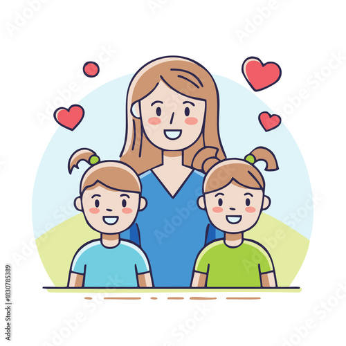 Smiling woman with two happy little girls illustration radiating love and affection, stylized cartoon illustration with hearts