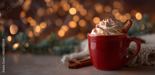festive eggnog in red mug with christmas decorations