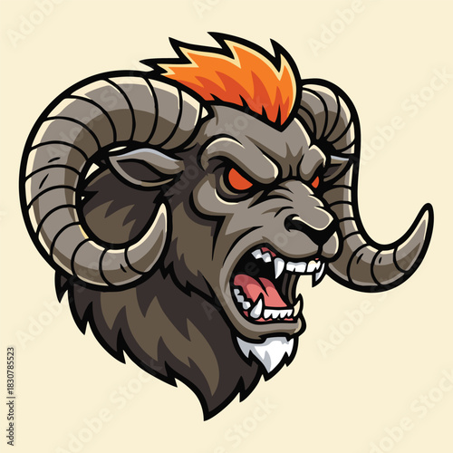 An aggressive cartoon ram's head with fiery orange mohawk, red eyes, and bared teeth.