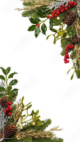 Festive holiday greenery with holly berries, pine cones, and mistletoe, perfect for seasonal decorations.