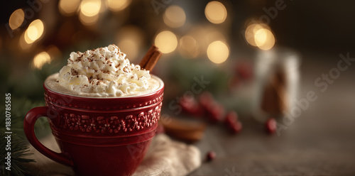festive eggnog in red mug with christmas decorations
