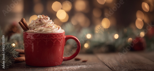 festive eggnog in red mug with christmas decorations