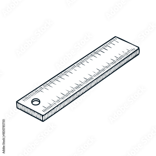 Isometric hand-drawn ruler illustration with precise measurement markings and hanging hole