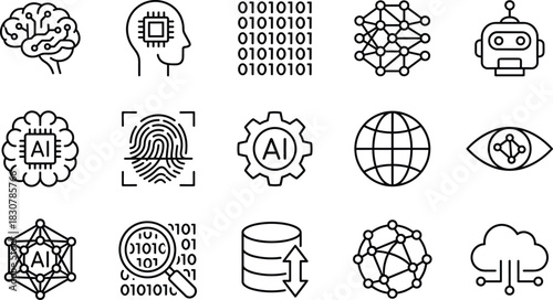 Artificial Intelligence, Robotics, and Big Data line icons set, vector illustration of neural networks, machine learning, data science, coding, and futuristic cloud technology.